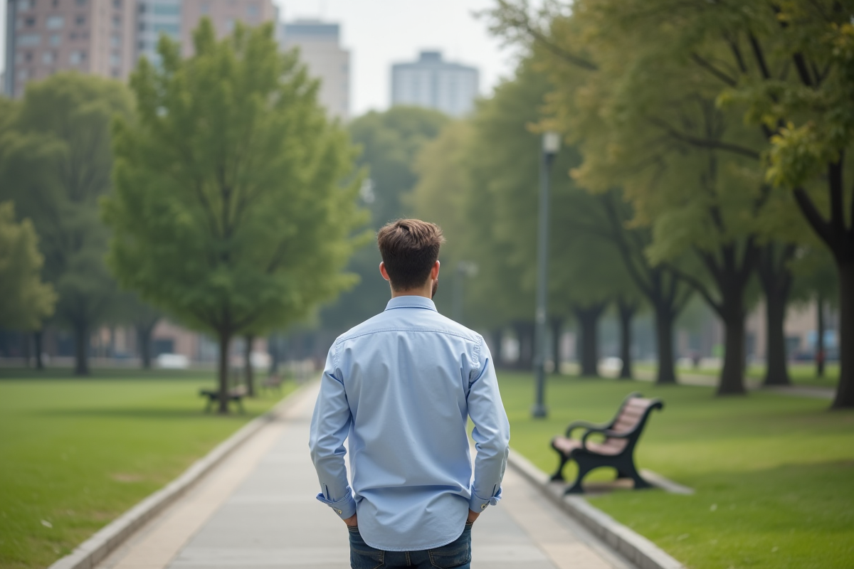 Jeune homme marche dans un parc urbain tranquille