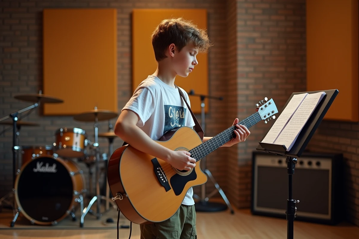 Jeune adolescent tenant une guitare acoustique dans un studio de répétition professionnel, symbolisant la vocation musicale familiale