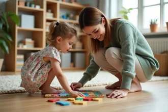 Maman et petite fille de 3 ans jouant avec un puzzle en bois coloré sur le sol d'un salon scandinave chaleureux