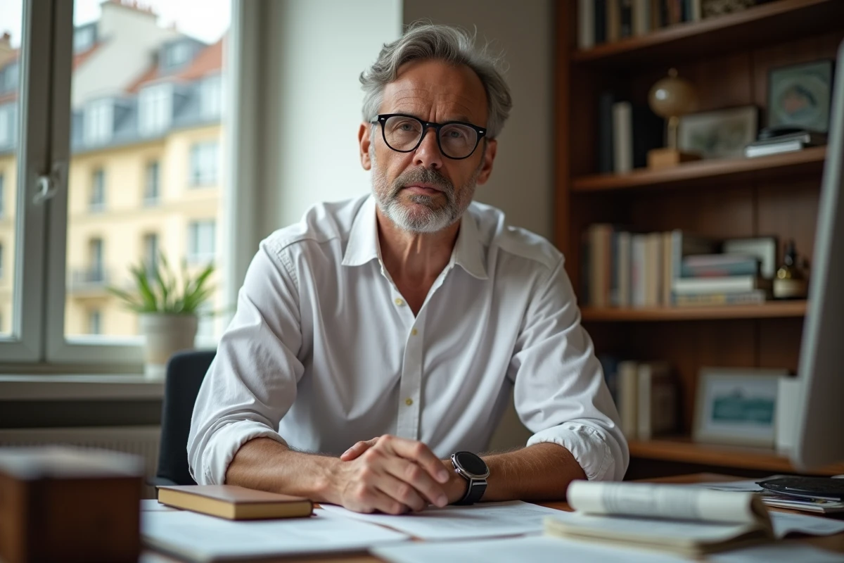Homme journaliste assis à son bureau parisien entouré de coupures de presse, portrait éditorial intimiste
