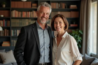 Couple de journalistes dans un appartement parisien, portrait éditorial d'un homme et une femme élégants devant une bibliothèque