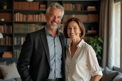 Couple de journalistes dans un appartement parisien, portrait éditorial d'un homme et une femme élégants devant une bibliothèque