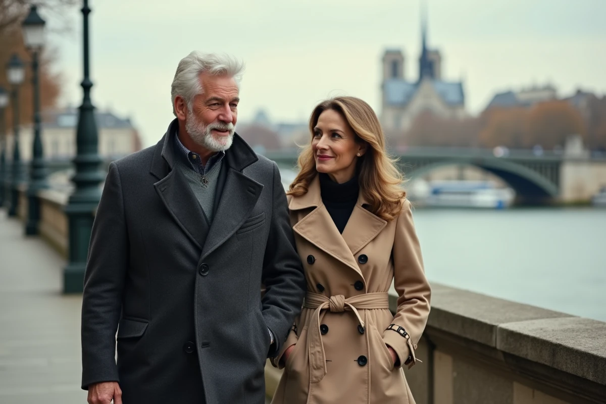 Couple se promenant au bord de la Seine à Paris en automne, portrait éditorial avec vue sur Notre-Dame
