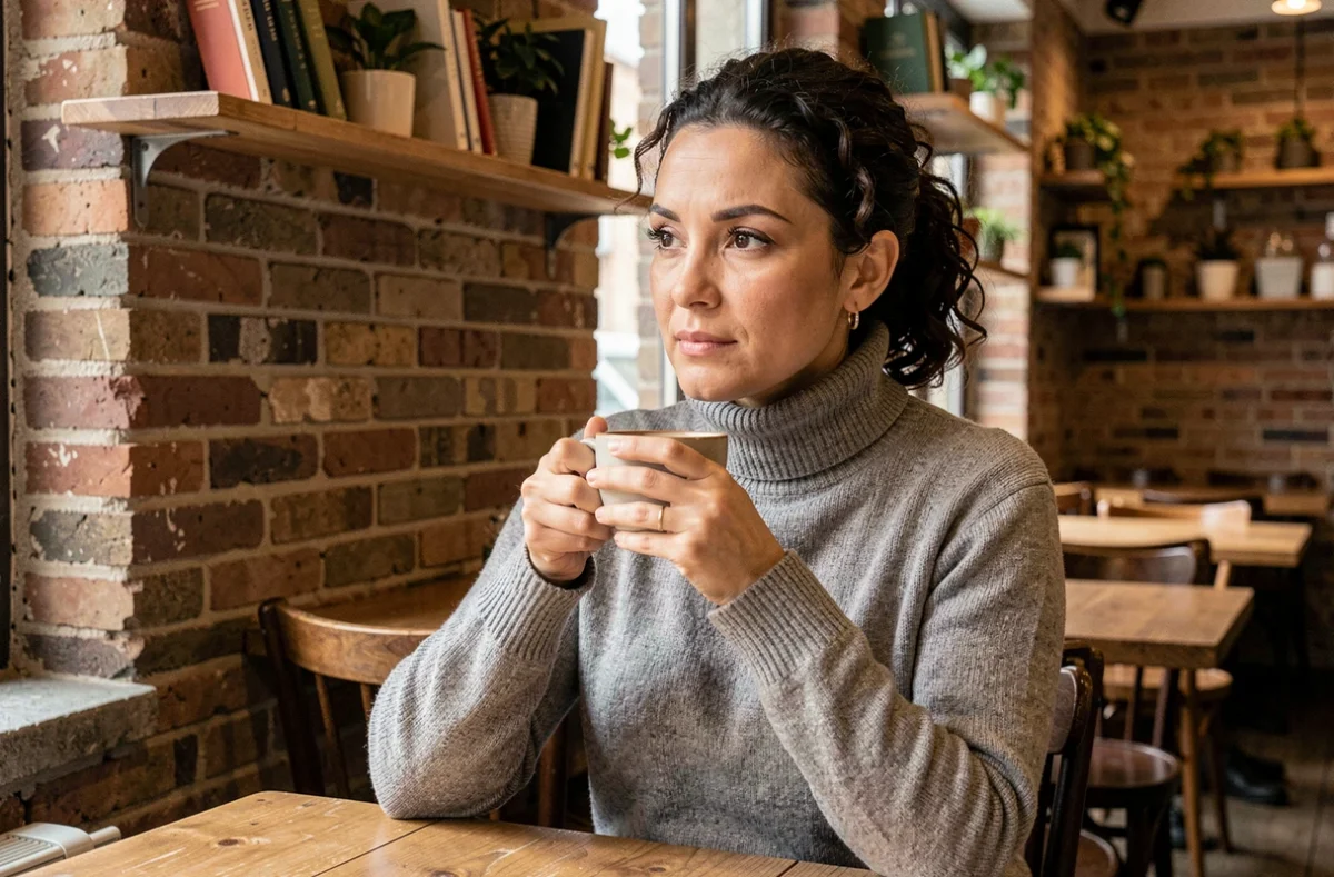 Journaliste femme pensive dans un café parisien intimiste, illustrant la discrétion sur sa vie personnelle
