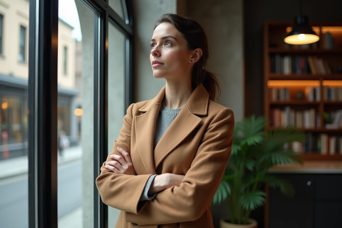 Journaliste femme debout près d'une fenêtre en ville exprimant une réflexion sur la maternité et la vie privée