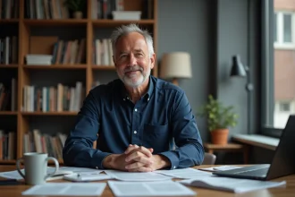 Journaliste politique assis à son bureau à domicile entouré de documents et de livres de journalisme