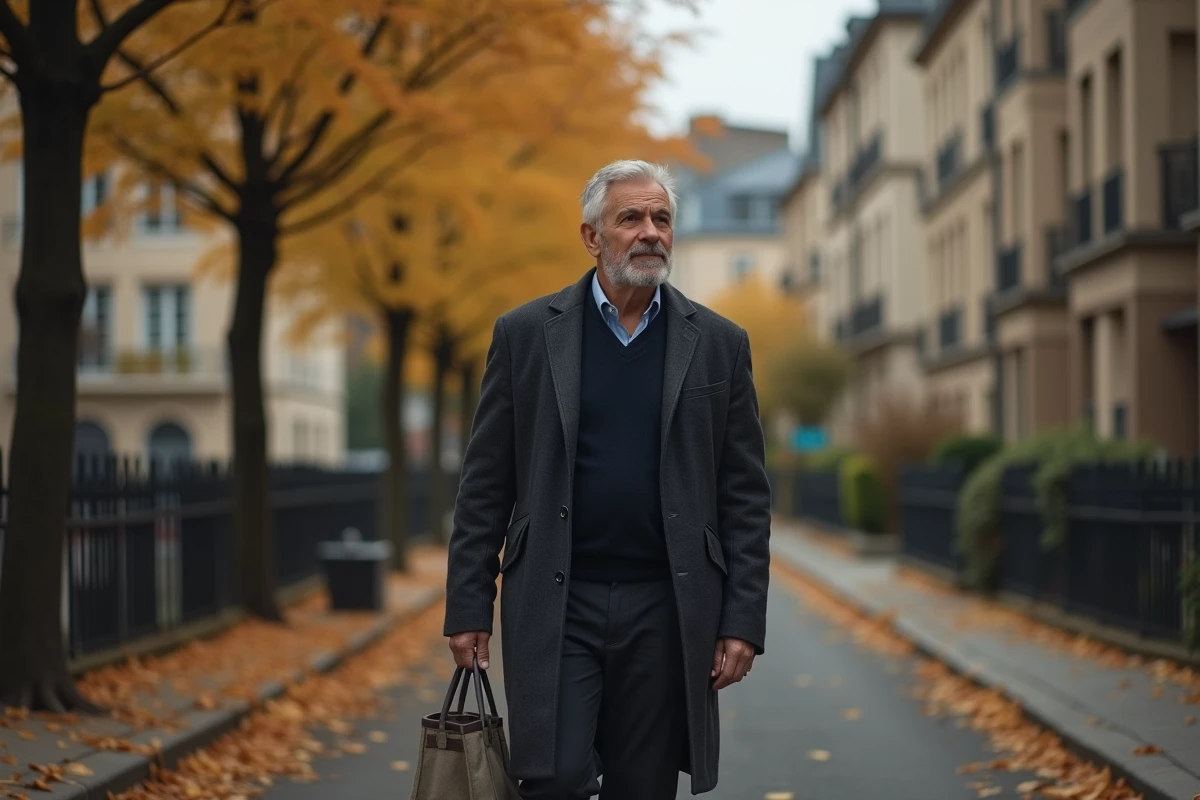 Journaliste se promenant dans un quartier résidentiel parisien en automne avec un sac en toile