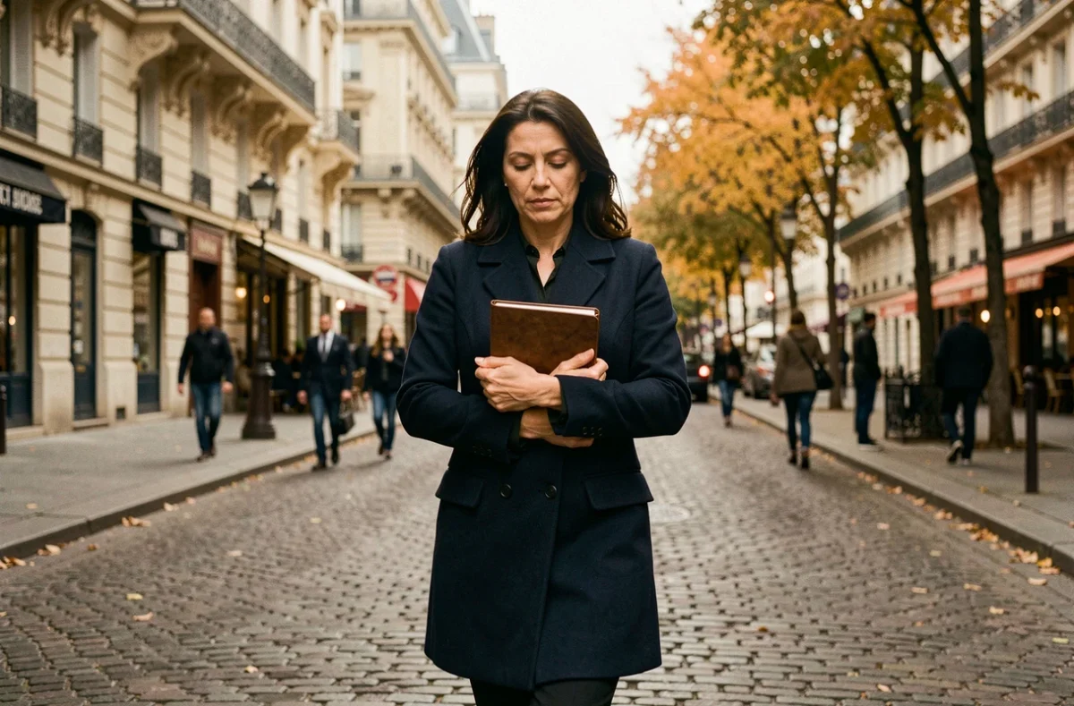 Femme journaliste marchant avec détermination dans une rue parisienne en protégeant sa vie privée des médias