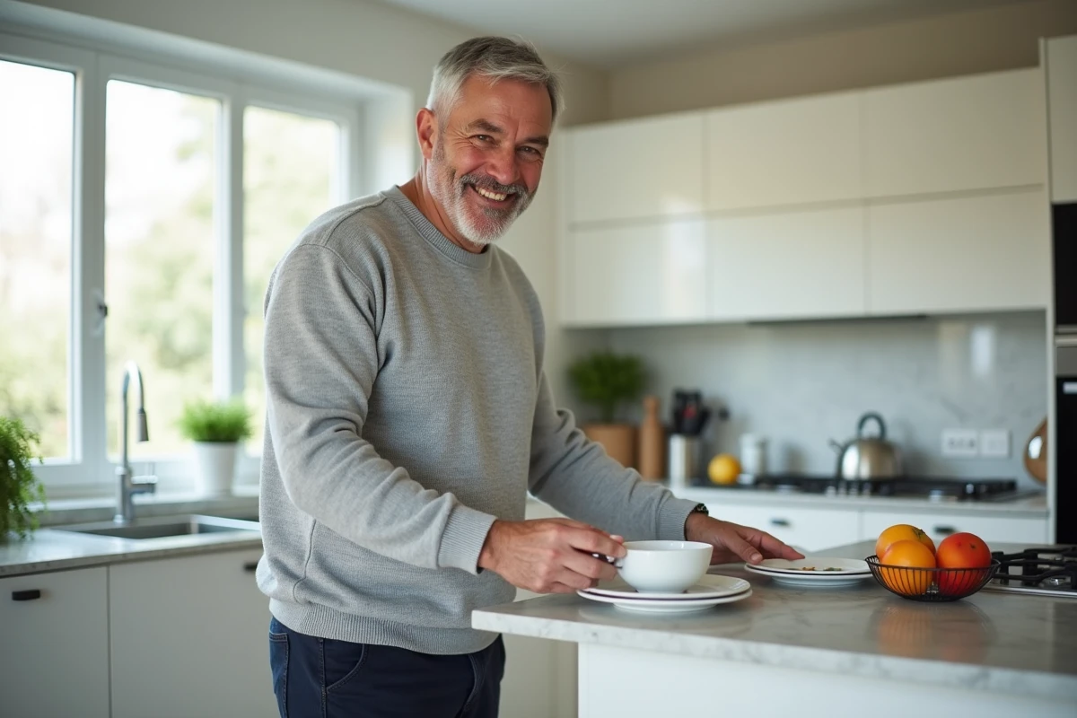 Homme journaliste préparant le petit-déjeuner dans une cuisine familiale moderne le week-end