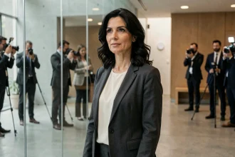 Journaliste femme adoptant une posture réservée face aux médias dans un hall de bâtiment médiatique moderne