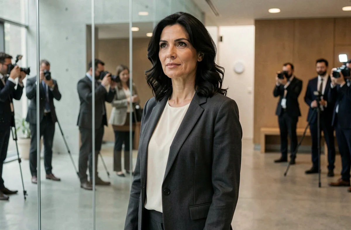 Journaliste femme adoptant une posture réservée face aux médias dans un hall de bâtiment médiatique moderne