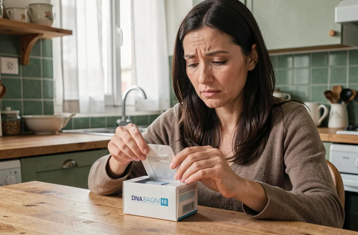 Femme ouvrant un kit de test ADN de paternité à domicile dans une cuisine française
