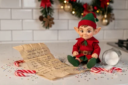 Lutin de Noël farceur assis sur un comptoir de cuisine avec une lettre manuscrite entourée de paillettes et de bonbons