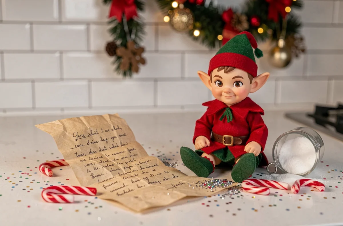 Lutin de Noël farceur assis sur un comptoir de cuisine avec une lettre manuscrite entourée de paillettes et de bonbons