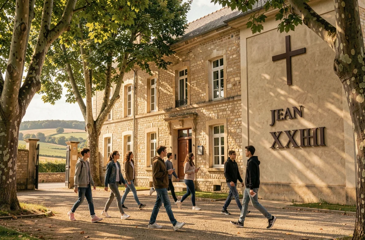 Lycée Jean XXIII aux Herbiers avec des lycéens traversant la cour intérieure arborée