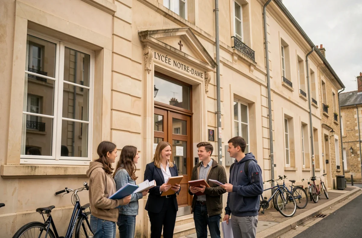 Lycée Notre-Dame de Challans avec un enseignant et des lycéens discutant devant l'entrée