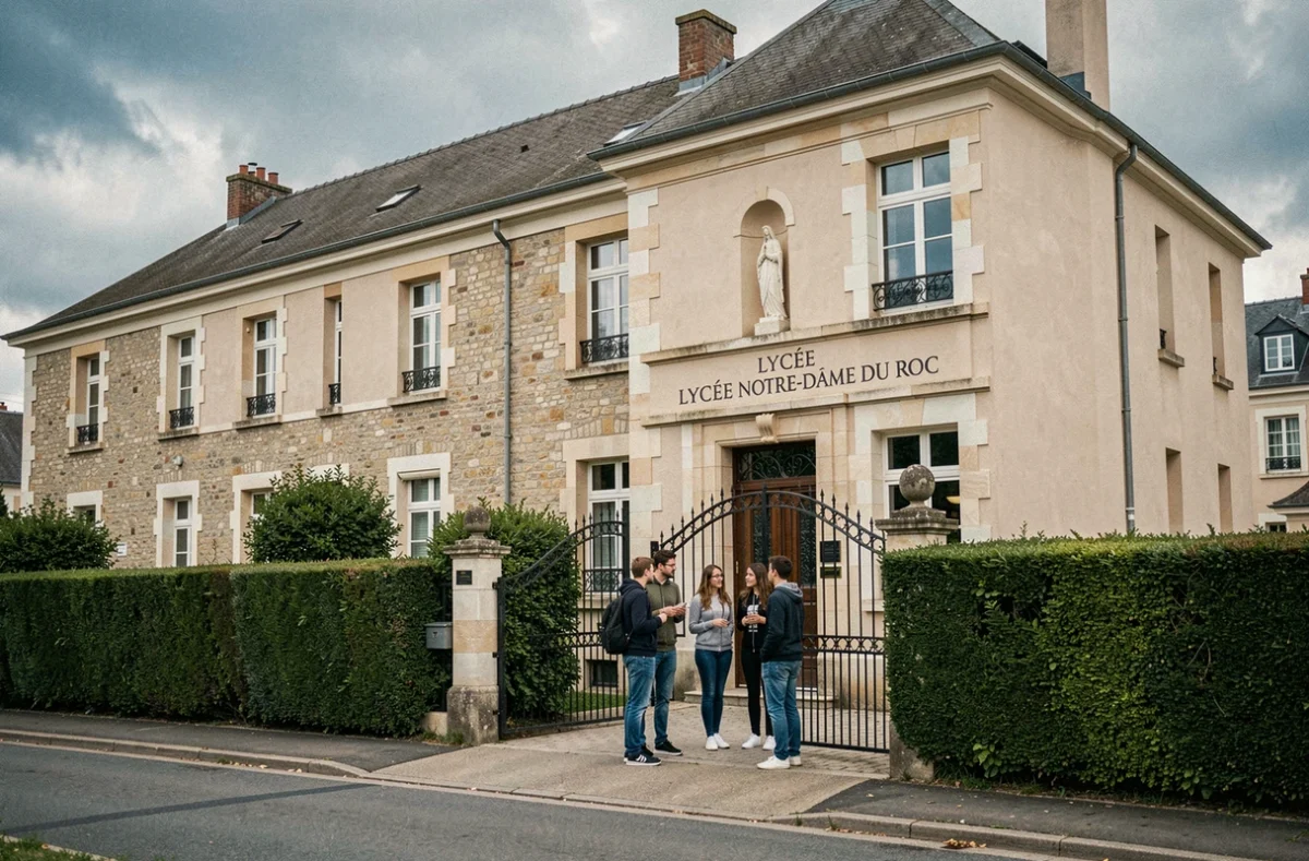Façade du Lycée Notre-Dame du Roc à La Roche-sur-Yon avec des élèves près du portail