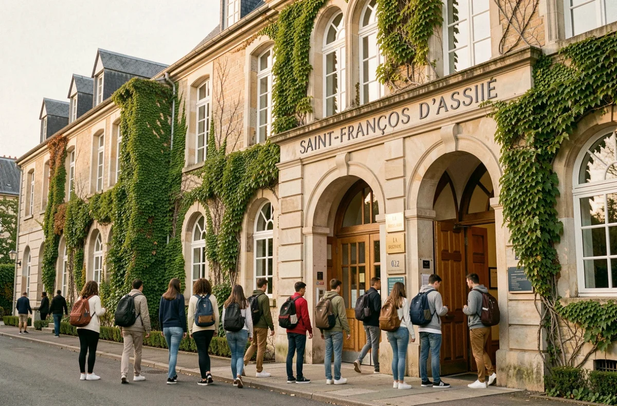 Entrée du Lycée Saint-François d'Assise à La Roche-sur-Yon avec des lycéens devant le portail