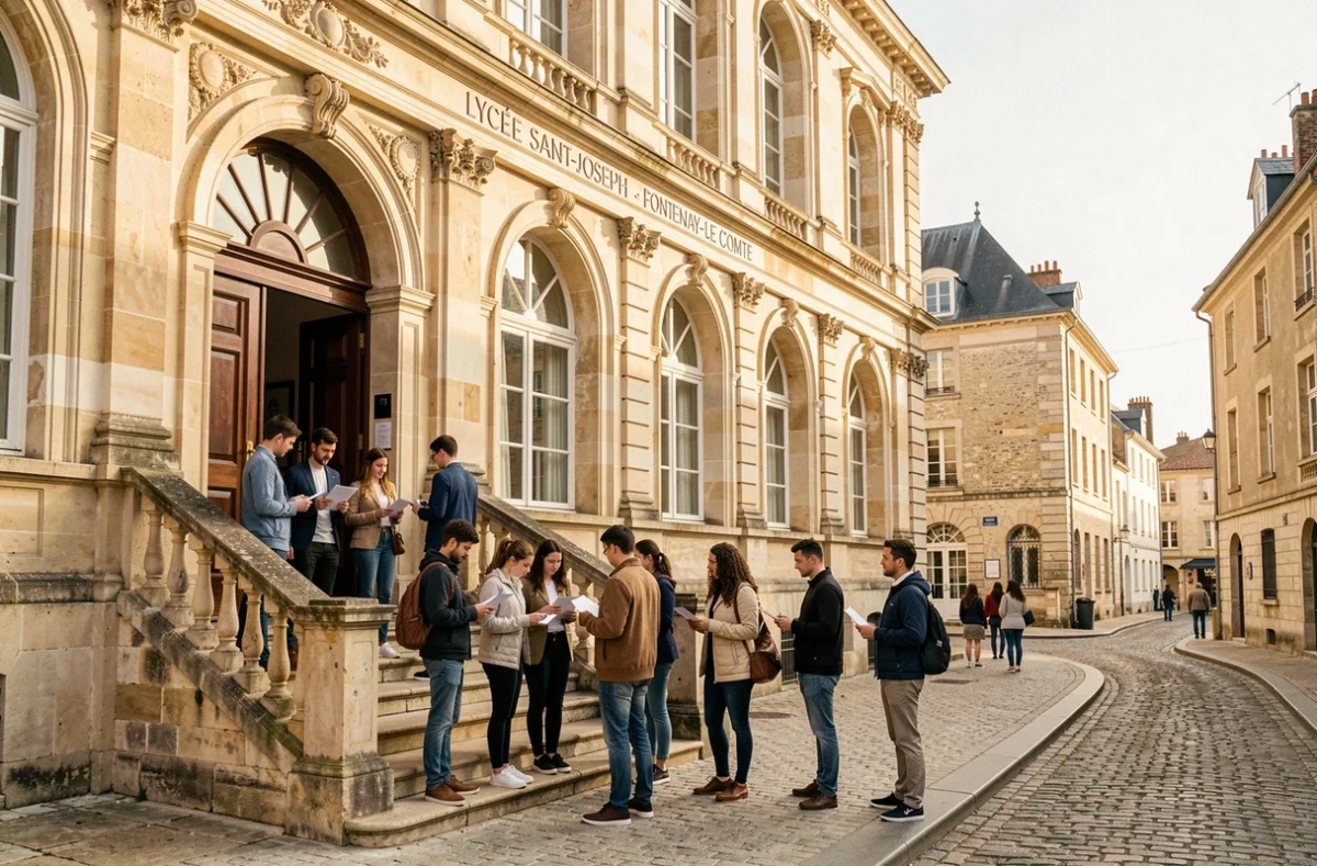 Façade historique du Lycée Saint-Joseph de Fontenay-le-Comte avec des lycéens devant l'escalier d'entrée