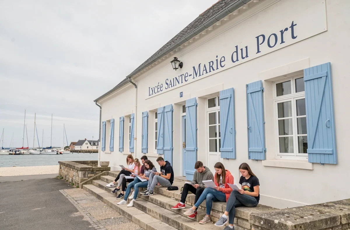 Lycée Sainte-Marie du Port aux Sables-d'Olonne avec des élèves sur les marches face au port