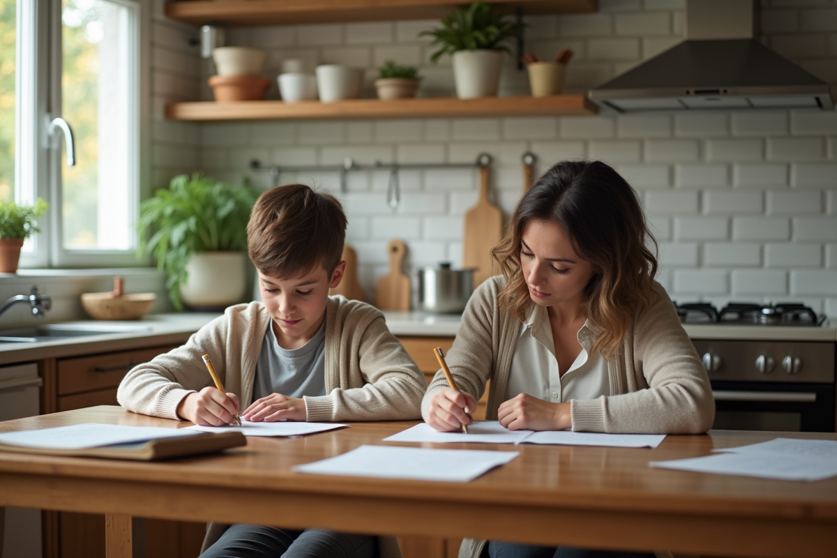 Mère aidant son adolescent à faire ses devoirs à la table de cuisine