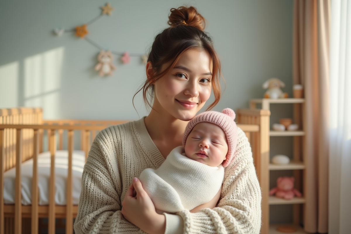 Mère tenant son bébé dans un berceau dans une nurserie chaleureuse