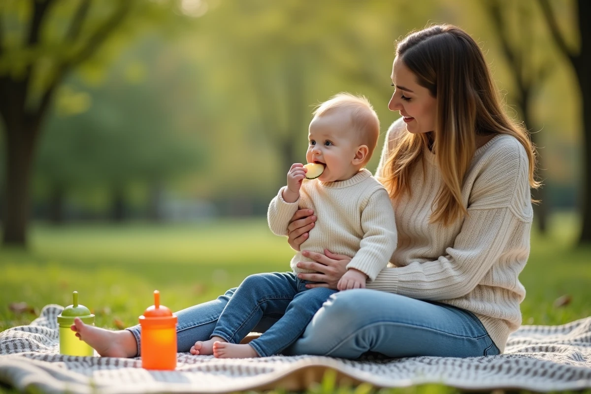 Maman et bébé en plein air avec fruits et goûters