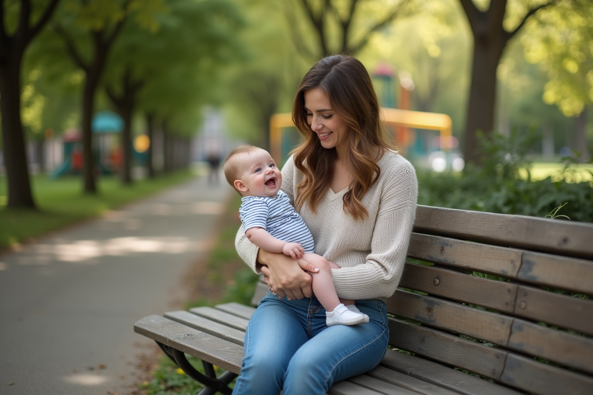Maman souriante tenant son bébé dans un parc urbain