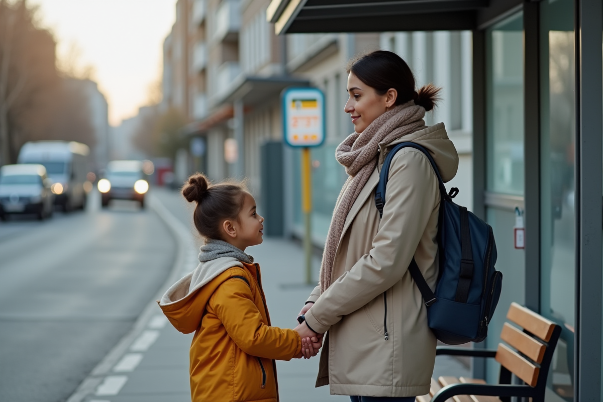 Maman et enfant attendant à un arrêt de bus en ville