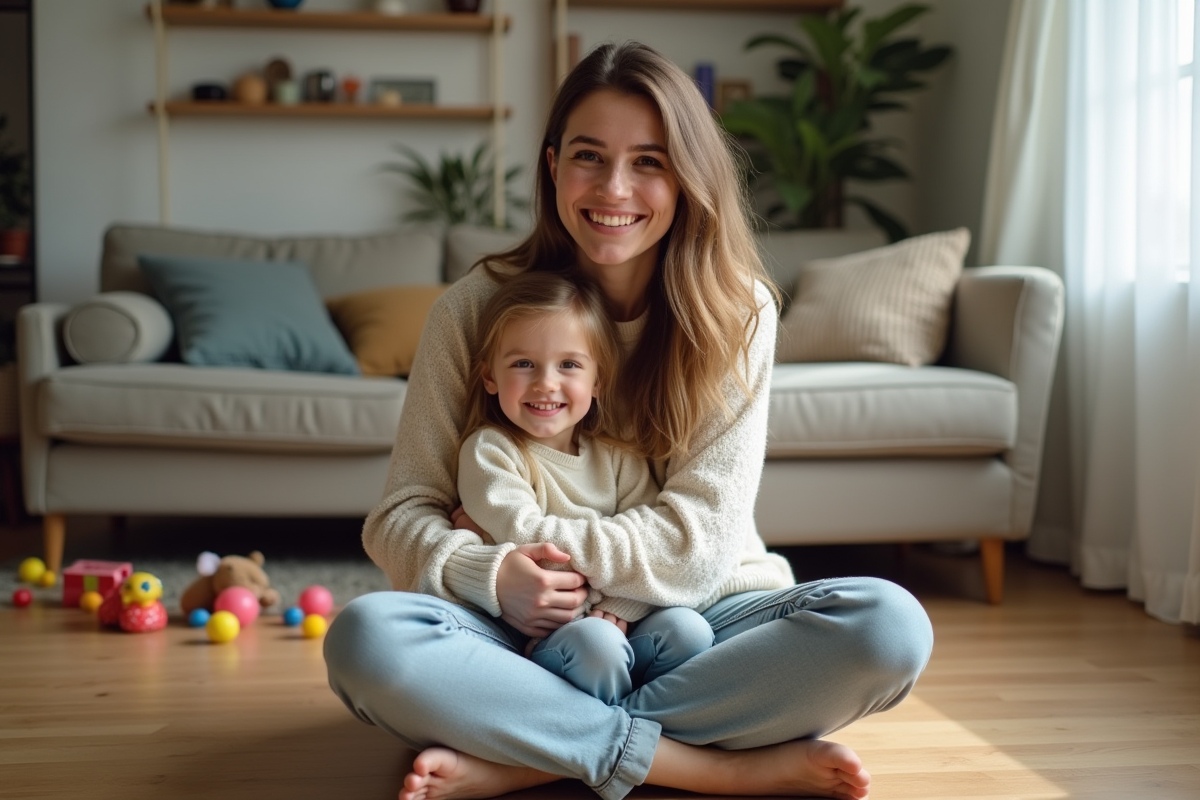 Maman souriante avec sa fille dans un intérieur chaleureux