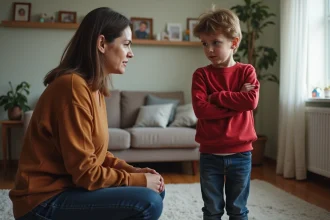 Maman patiente face à son enfant têtu dans un salon familial