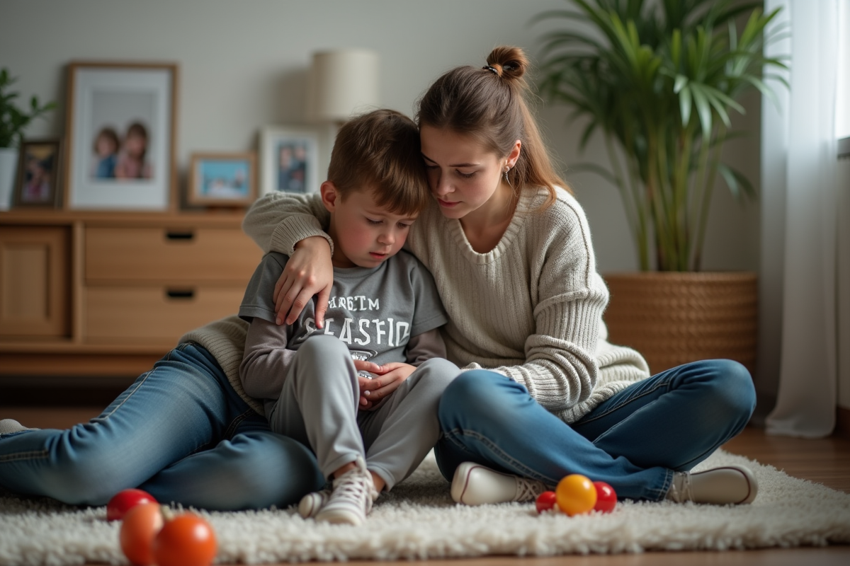 Maman et son fils de sept ans dans un cadre familial chaleureux