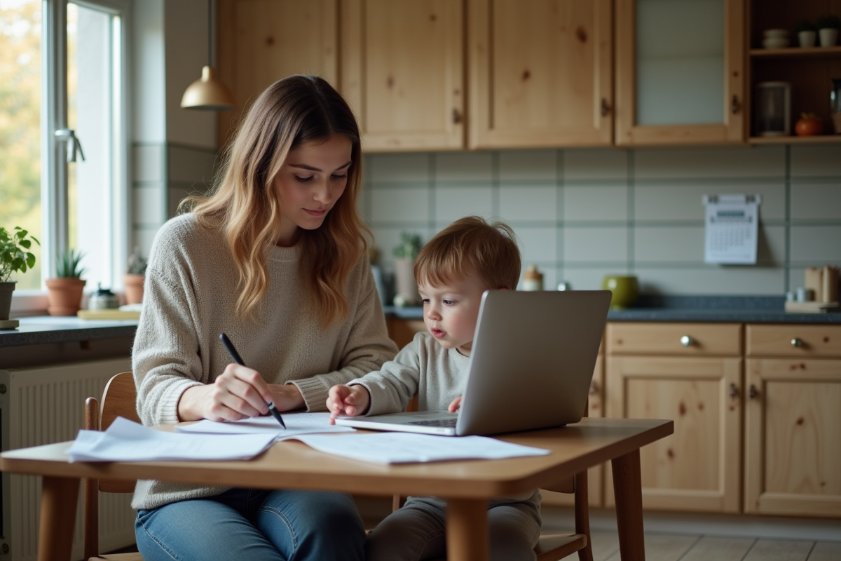 Maman et enfant regardant des papiers dans la cuisine