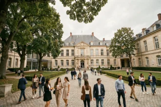 Vue panoramique d'un campus d'école privée en Vendée avec des élèves dans une cour intérieure en pierre