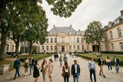 Vue panoramique d'un campus d'école privée en Vendée avec des élèves dans une cour intérieure en pierre