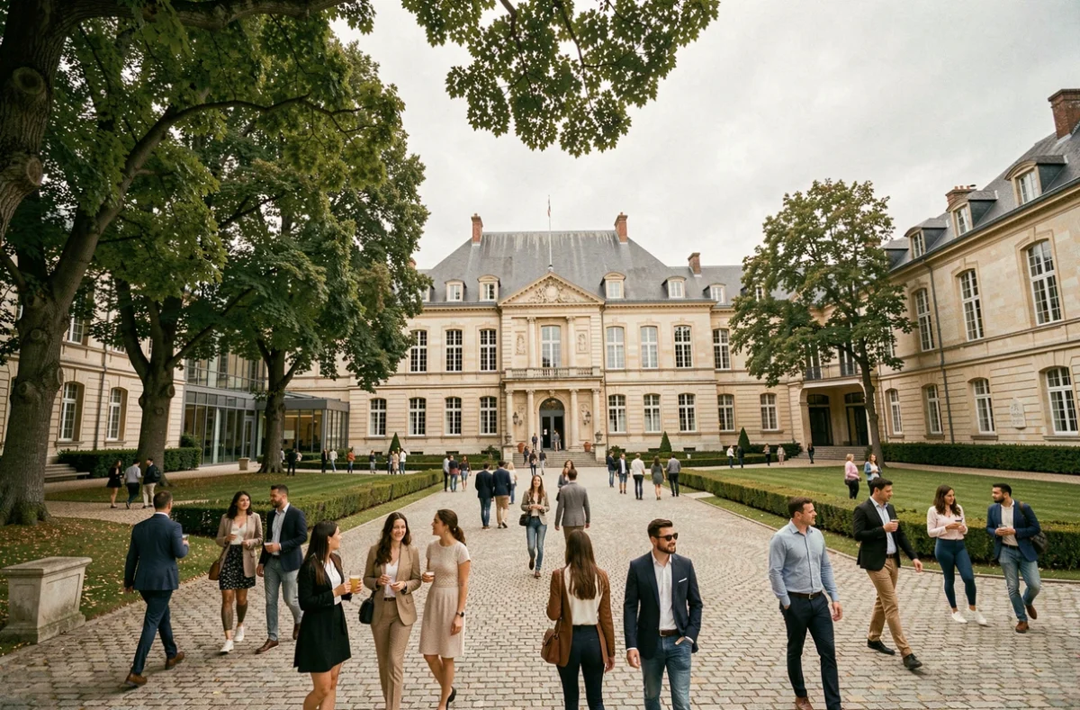 Vue panoramique d'un campus d'école privée en Vendée avec des élèves dans une cour intérieure en pierre