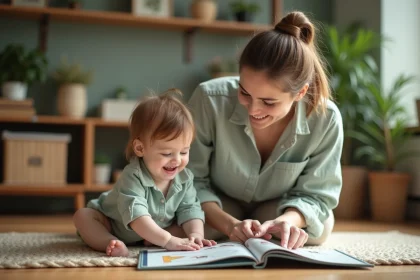 Mère pratiquant la parentalité positive avec son enfant en bas âge autour d'un livre illustré sur un sol en bois chaleureux