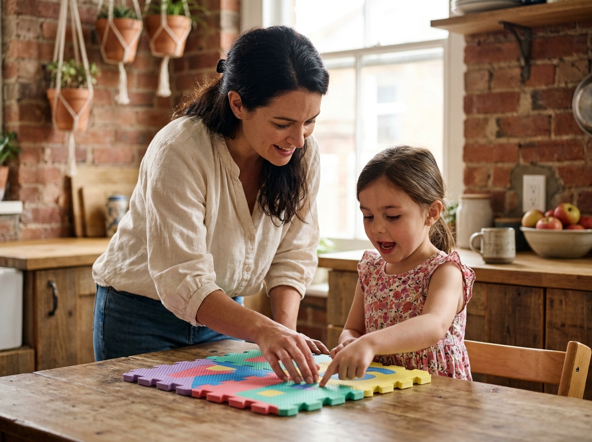 Mère et jeune fille assemblant ensemble un puzzle en mousse géométrique à la table d'une cuisine rustique