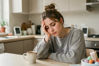 Mère épuisée assise à la table de cuisine avec un café, exprimant la fatigue parentale nocturne