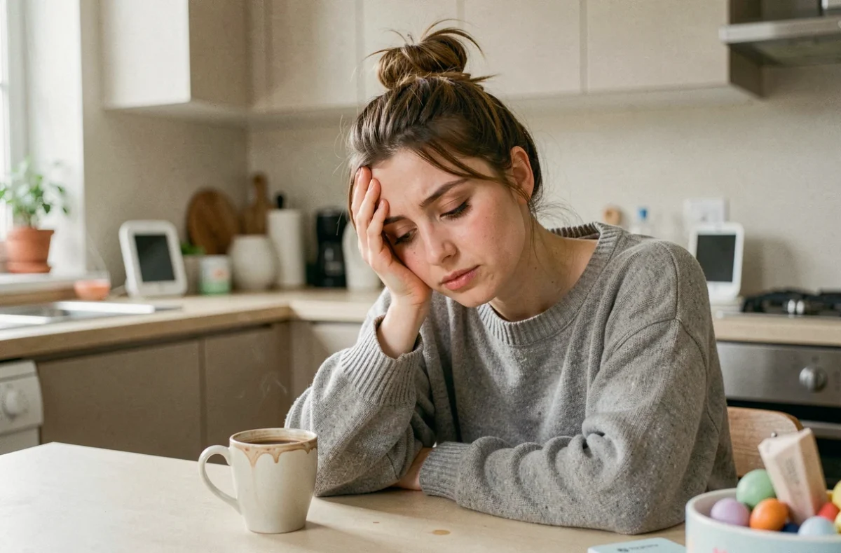 Mère épuisée assise à la table de cuisine avec un café, exprimant la fatigue parentale nocturne