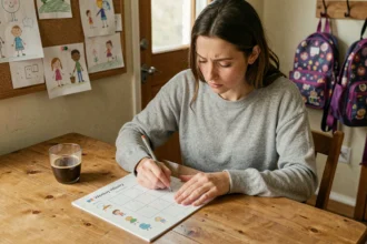Mère débordée remplissant un semainier maternelle imprimé à la table de cuisine familiale