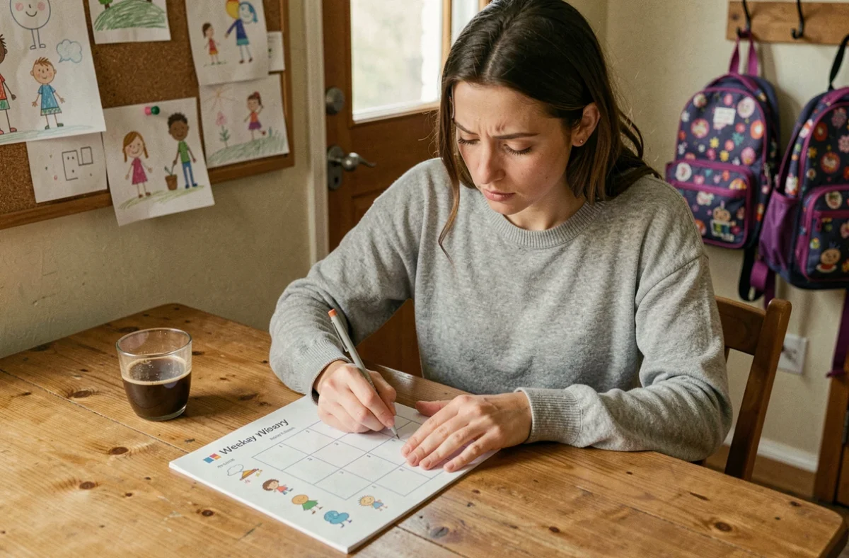 Mère débordée remplissant un semainier maternelle imprimé à la table de cuisine familiale