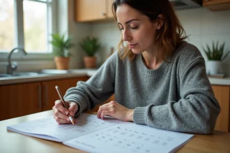 Mère séparée planifiant le calendrier des semaines paires et impaires 2026 à la table de cuisine