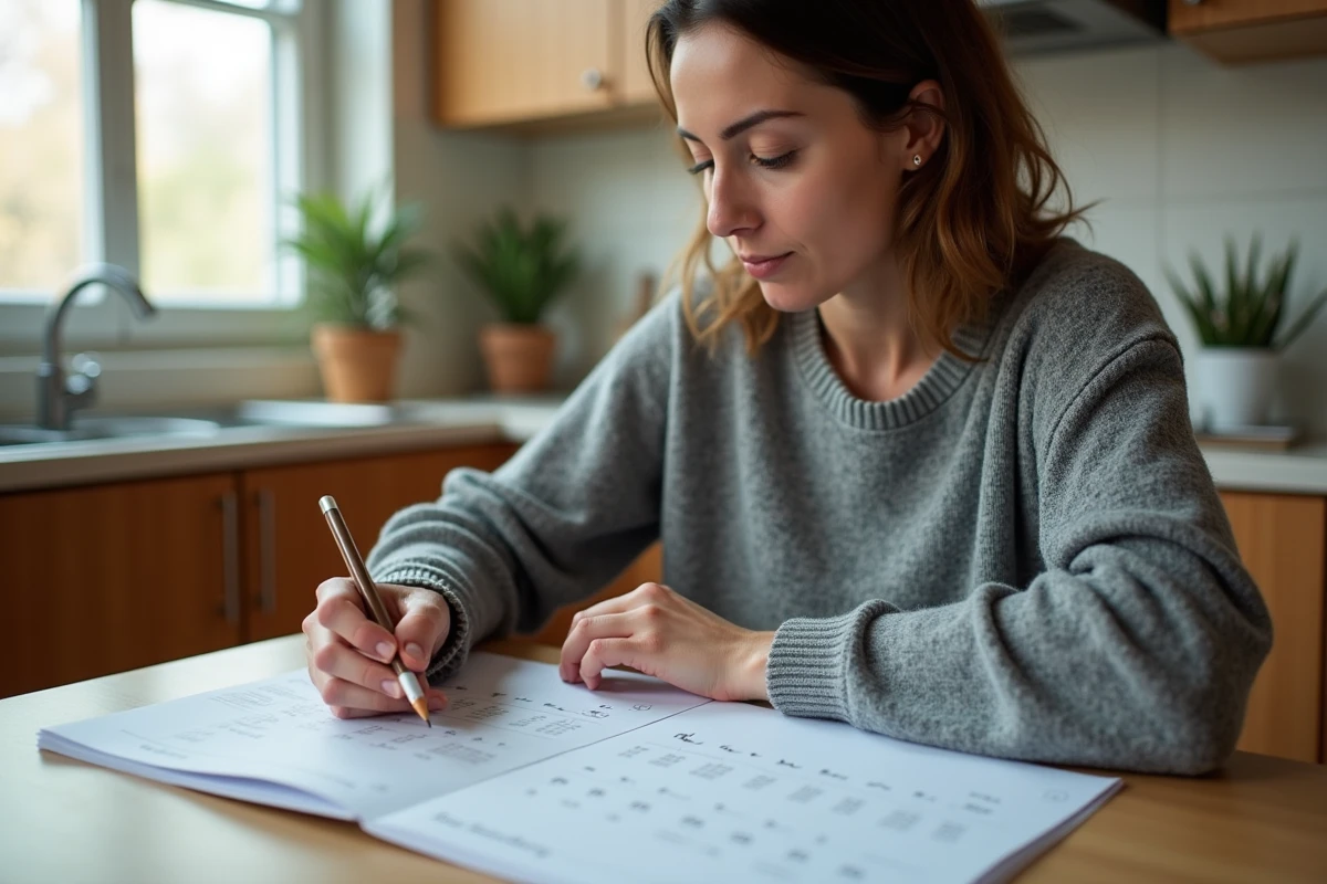 Mère séparée planifiant le calendrier des semaines paires et impaires 2026 à la table de cuisine
