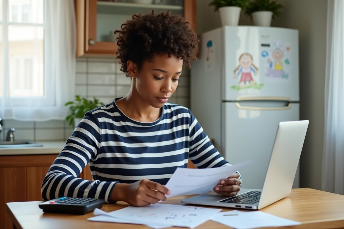 Mère célibataire calculant le coût d'une école Montessori pour son enfant à la maison, avec documents et ordinateur