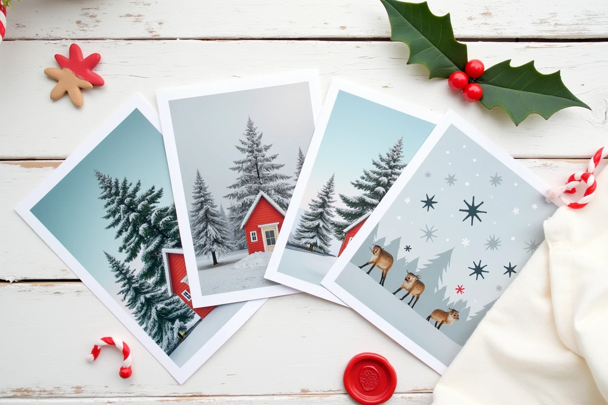 Mise à plat de trois cartes postales de Noël imprimées sur surface en bois blanc avec décoration festive