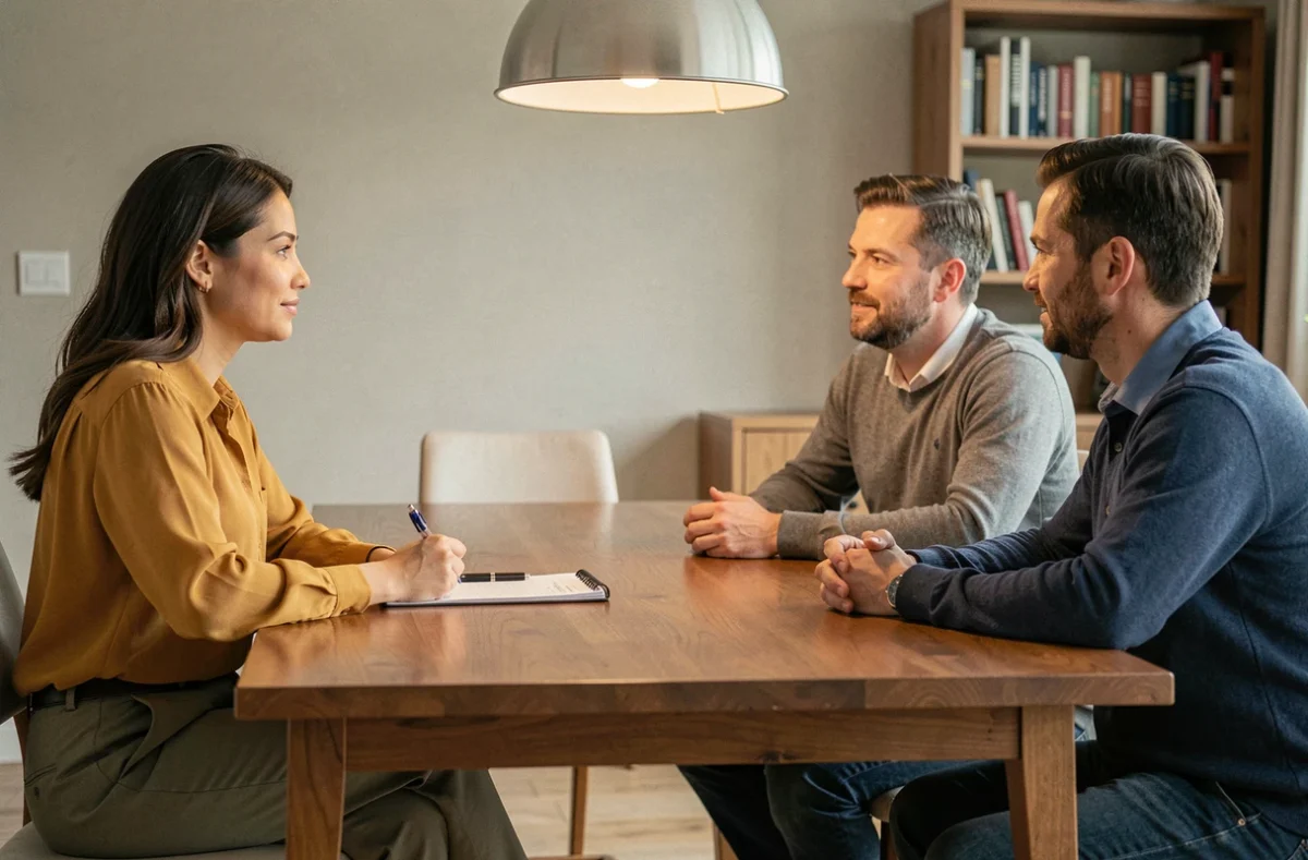 Baby-sitter négociant son tarif avec des parents autour d'une table dans une salle à manger