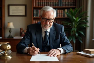 Notaire senior examinant un testament manuscrit dans un bureau juridique classique avec bibliothèque en bois et documents légaux