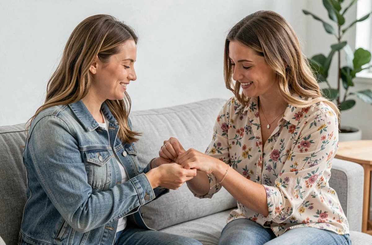 Deux femmes échangeant un bracelet lors de la demande de marraine pour un baptême à domicile