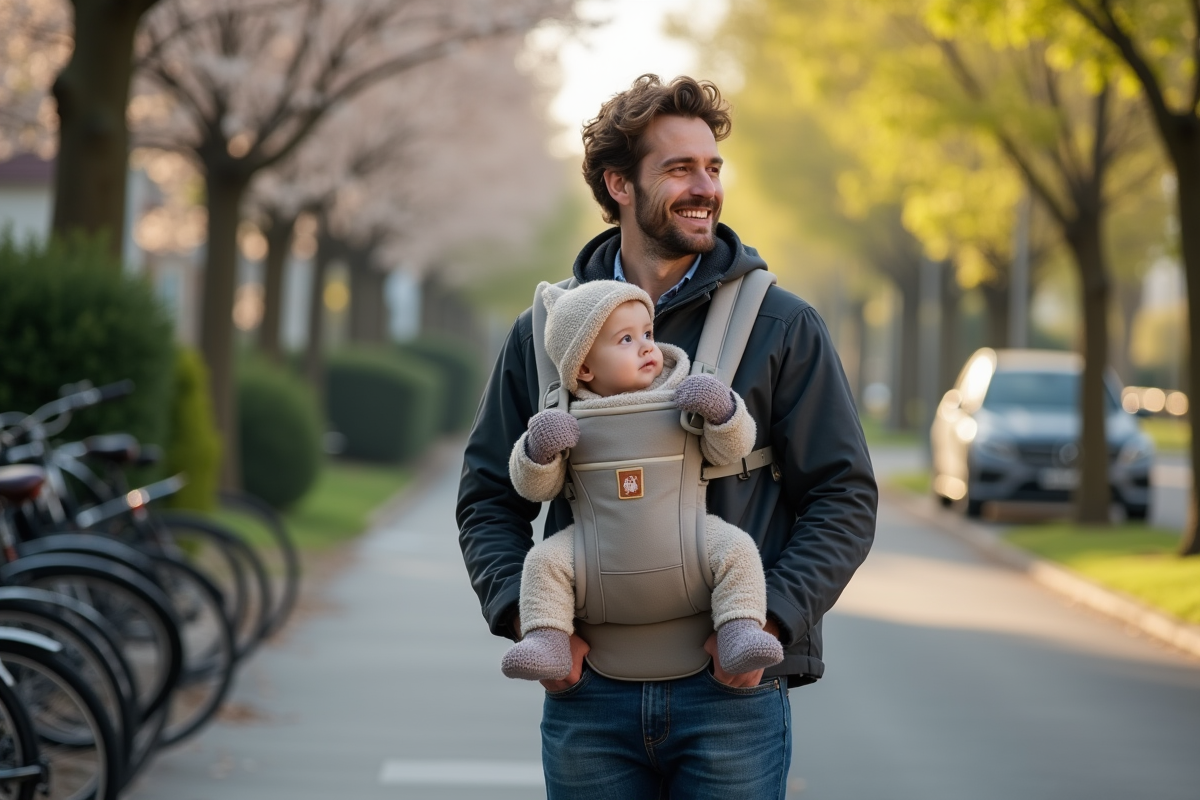 Papa porte son bébé en porte-bébé lors d